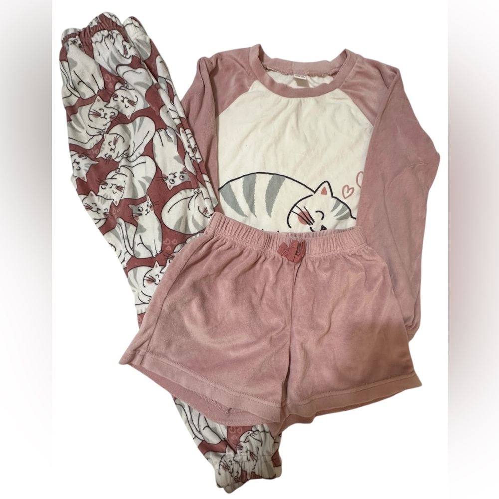 PL Sleep by Petit Lem 3 piece Velour Cozy Pink Cat Print Kids Pajamas Size8